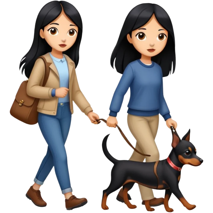 A girl with long black hair walking with a Pinscher emoji