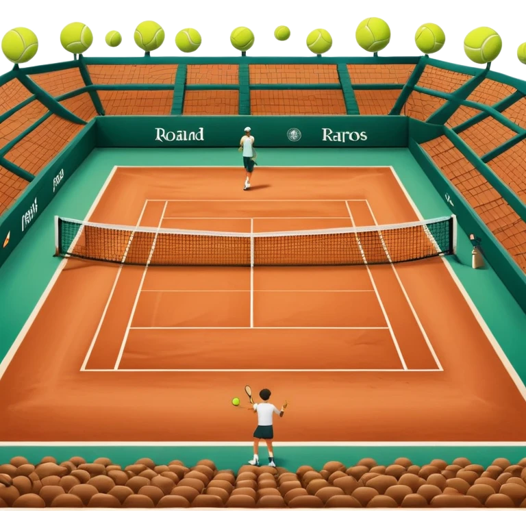 A tennis court at the Roland Garros tournament, with the iconic clay surface and a tennis ball bouncing near the net. The scene evokes the energy and excitement of the grand event, with vibrant crowds in the stands and a competitive atmosphere. emoji