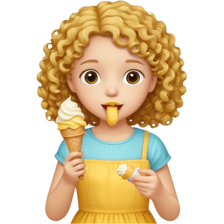 a little girl kid with curly hair, yellow dress, eat ice cream emoji