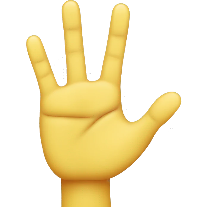 yellow emoji hand showing the palm with only the index, middle, and pinky fingers up. The thumb should be holding the ring finger. It needs to be a real hand and make sure there are only five fingers in the natura order. emoji