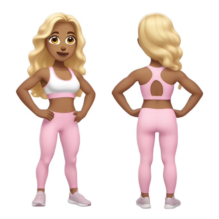 White woman, light skin, long hair, blonde hair, wavy hair, baby pink sports bra, baby pink leggings, flexing one arm emoji