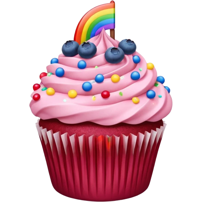 Show me a red velvet cupcake with pink ice and put some sprinklers and blueberries on it emoji