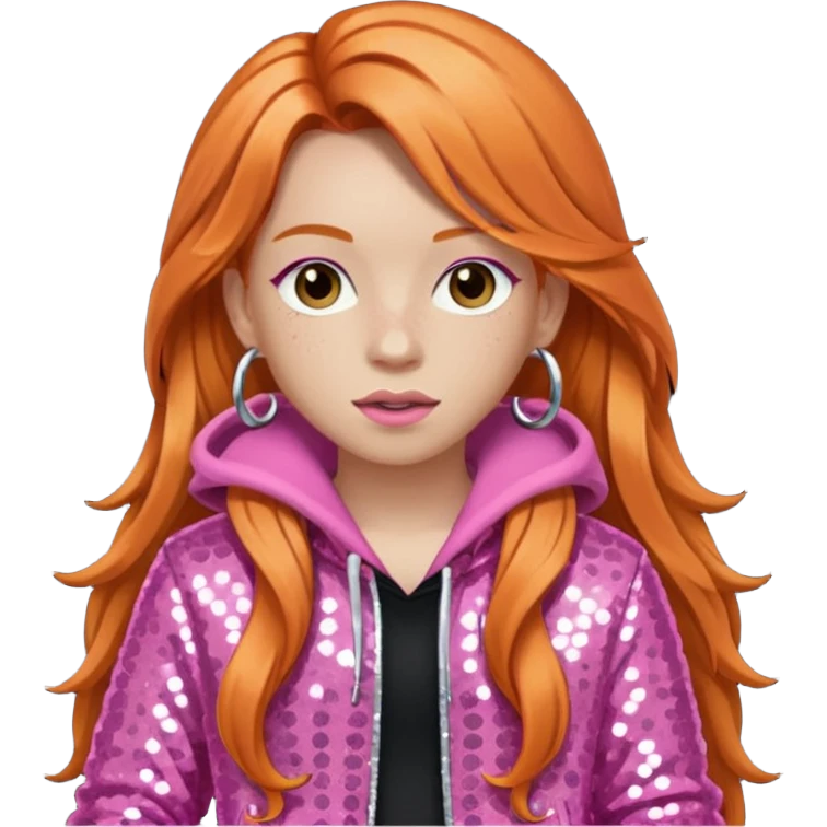 Ice Spice, Rapper (b.2000) with long ginger hair, pink sequin outfit emoji