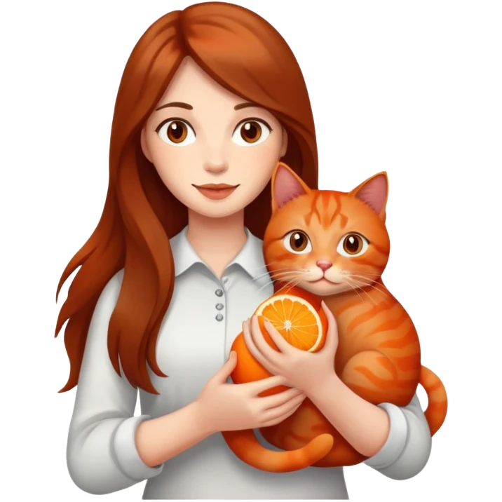 long brown hair holding an orange and red cat in her hands emoji