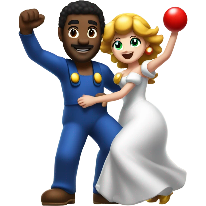 Black man wearing giant Mario costume dancing with brunette woman  emoji