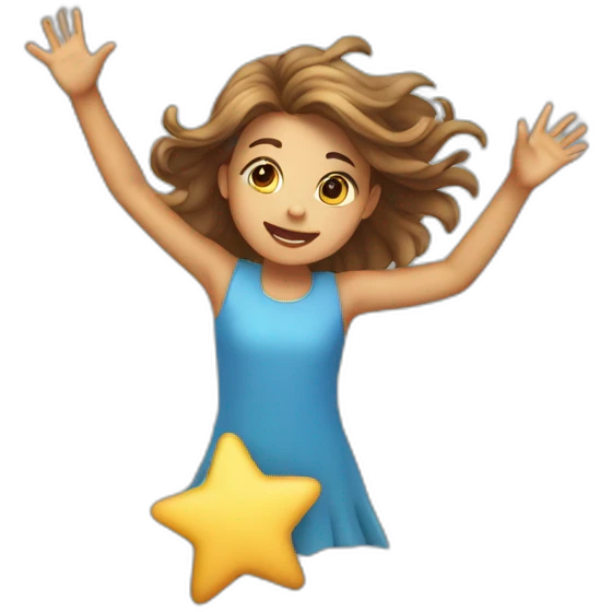 Girl with waving hair holding a star in hands while flying emoji