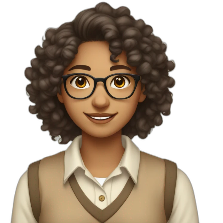 smiling indian teenage girl with curly hair and glasses wearing a collared long sleeve white shirt under a beige v shaped collar sweatervest emoji