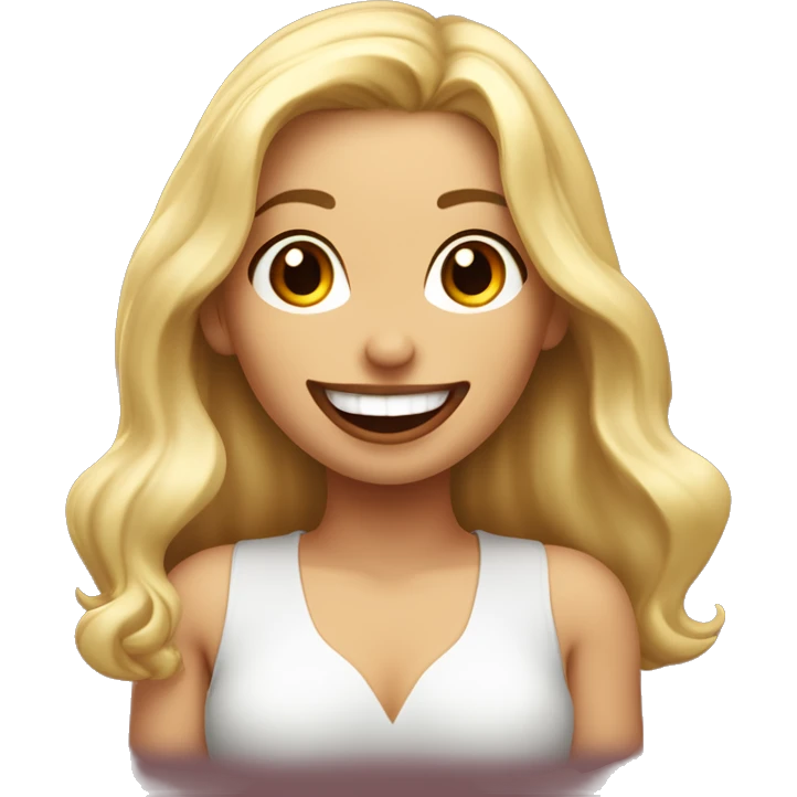 Chica rubia y de piel blanca con extensiones de pestañas y labios rojos sonriendo con boca cerrada emoji