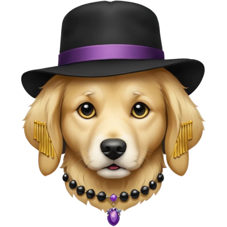 golden retriever dog wearing goth accessories, somber expression emoji
