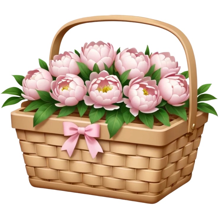 White Picnic basket with light pink bow and white peonies inside emoji