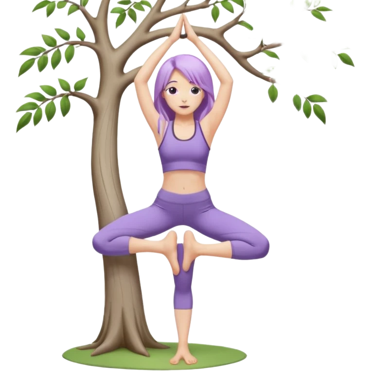Девушка белокожая, с длинными светло-фиолетовыми волосами, в одежде для йоги, стоит в позе дерева на одной ноге, вторая нога согнута, руки вверху ладонь к ладони, в стиле бимбо пилатес, правильные пропорции, без дерева emoji
