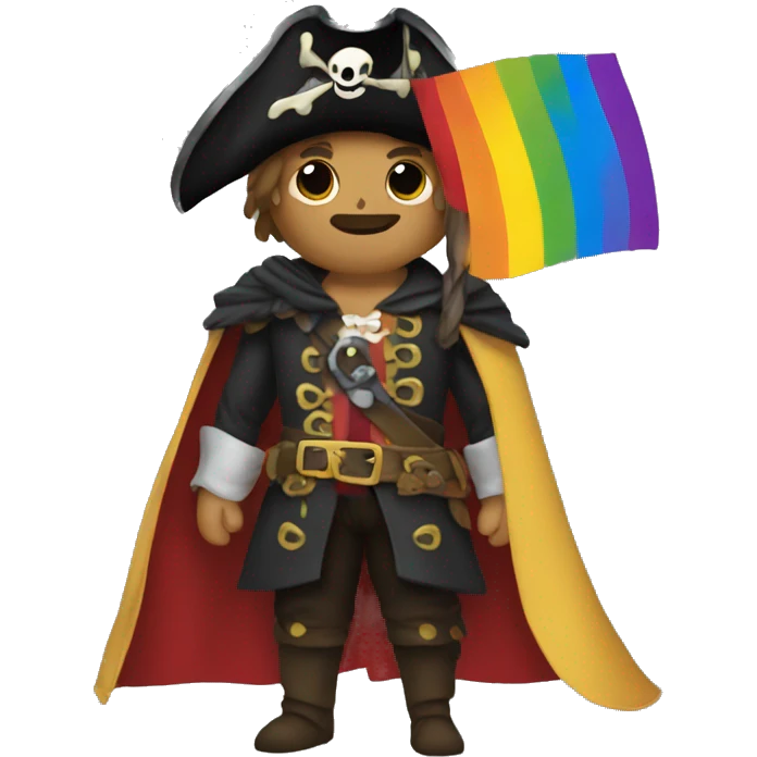 a pirate wearing a gay pride flag as a cape emoji