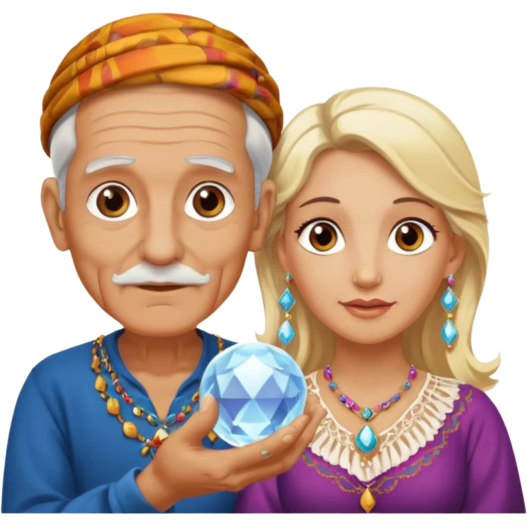 Elderly male cleanshaven gypsy with earrings and blonde female gypsy holding a crystal ball emoji