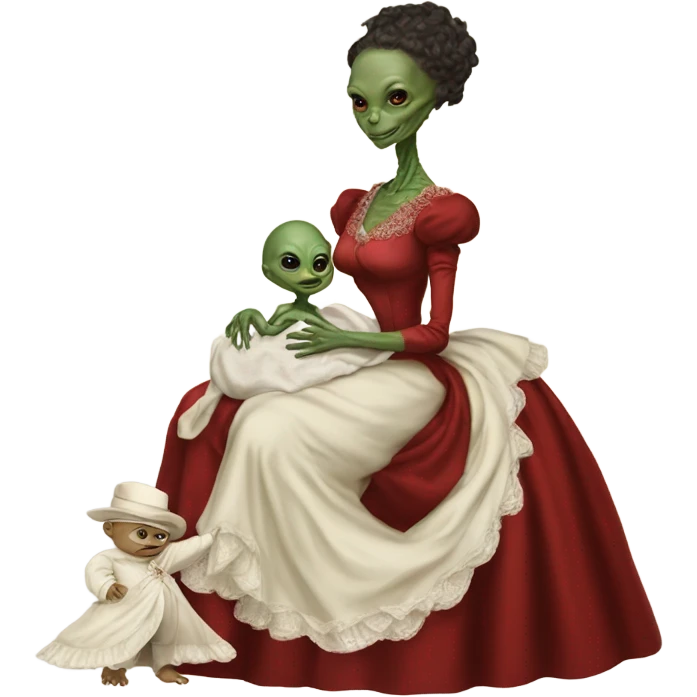  Reptilian alien woman , full body, in victorian red elegant dress , holds a newborn white humman baby emoji