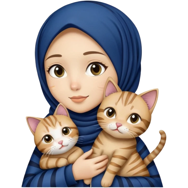 White hijab girl wearing dark blue hijab holding stripes tabby cat emoji