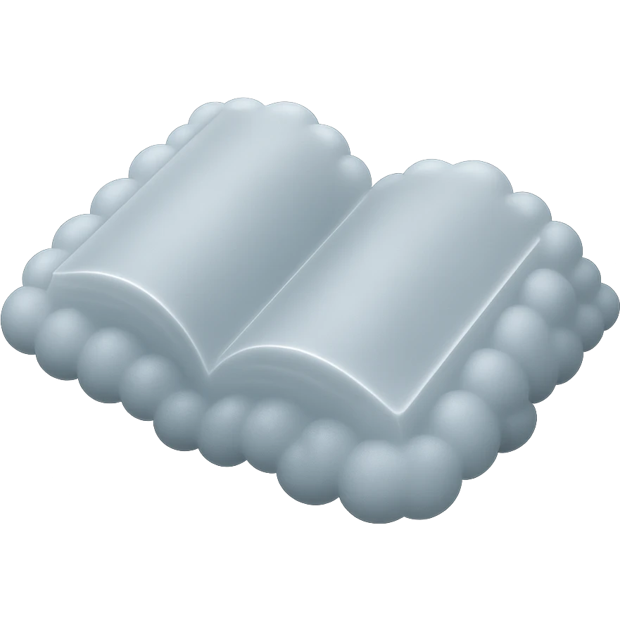 top view of a thick open book made entirely of small, very bright white fluffy convex clouds, matte glass style, no background emoji