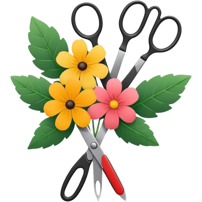 Minimalistic flat vector icon, iOS style, thin black contour on white background. Flower bouquet with leaves and scissors. No text, no shadows. emoji