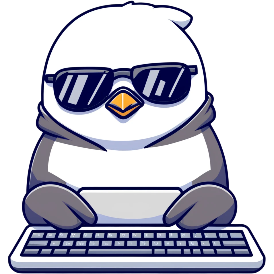A cool penguin wearing a hoodie with sunglasses perched on head, typing with one flipper on a sleek keyboard emoji