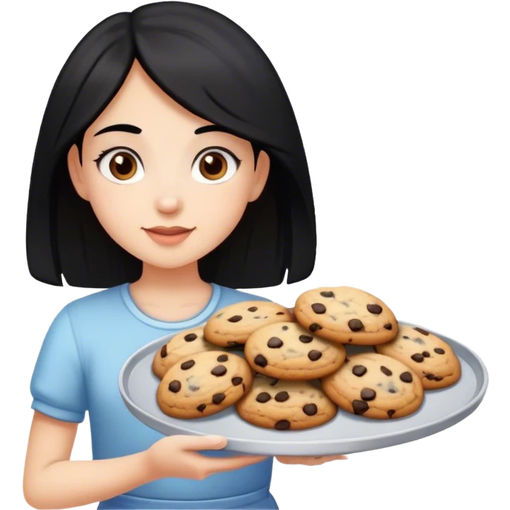 A girl with black hair and brown eyes, holding a tray of fresh baked chocolate chips cookies. emoji