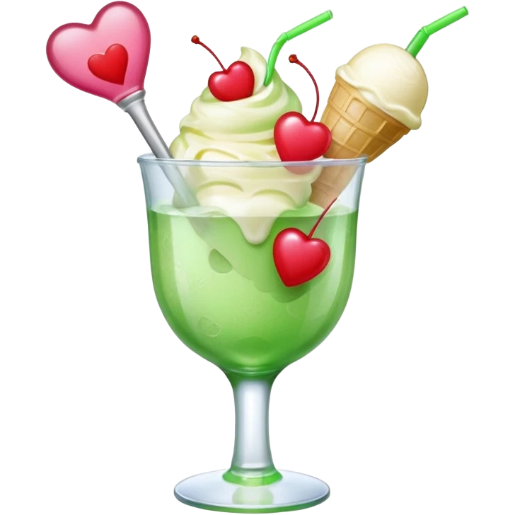 Create an emoji with a clear rounded glass, bright transparent green soda, vanilla ice cream scoop, two red cherries, pink heart-shaped straw, simple shapes, bright colors.
 emoji