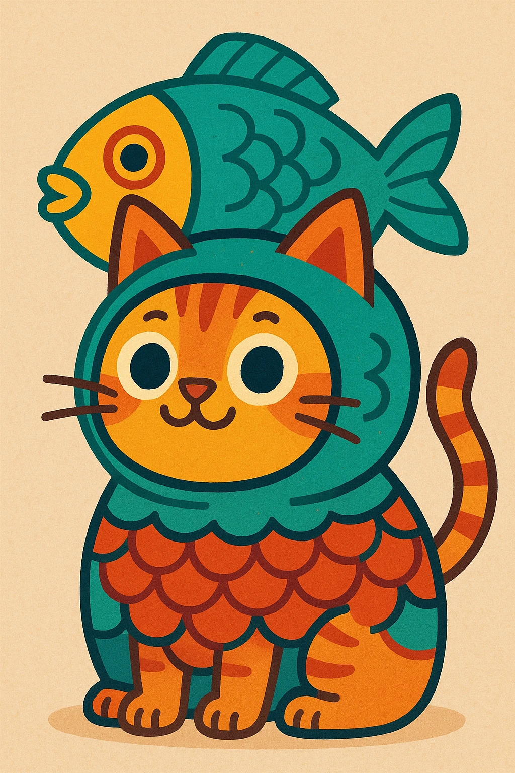 a cat wearing a fish costume, whimsical and colorful emoji