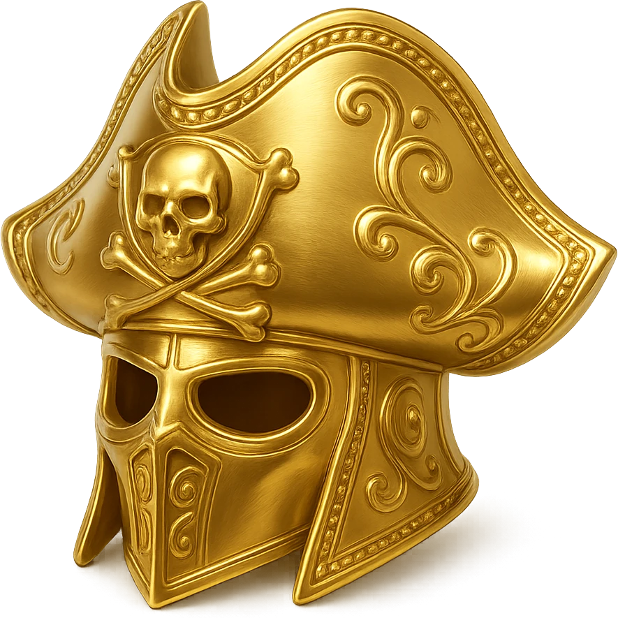 Convert this gold pirate helmet into a clean, readable icon for a backpack in a game. Simplify details, use bold shapes, and ensure it stands out at small sizes. Transparent background. emoji