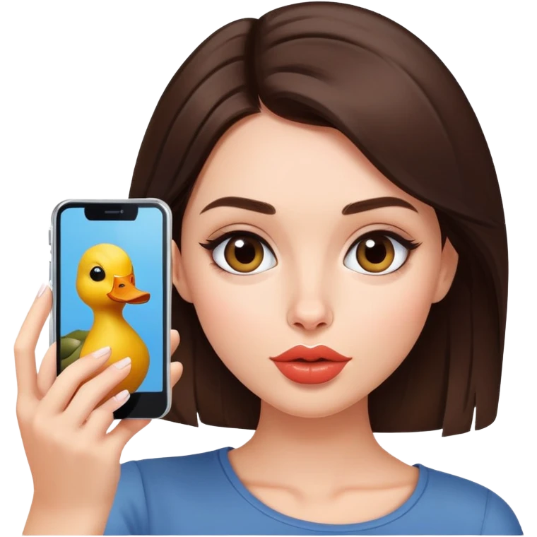 Brunette girl with duck face taking selfie emoji