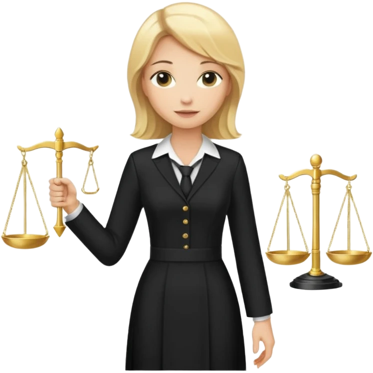 woman lawyer blanche et blonde avec des cheveux mi-long; elle est habillée avec une longue robe noire et une cravate blanche; elle est victorieuse en portant la balance de la justice emoji