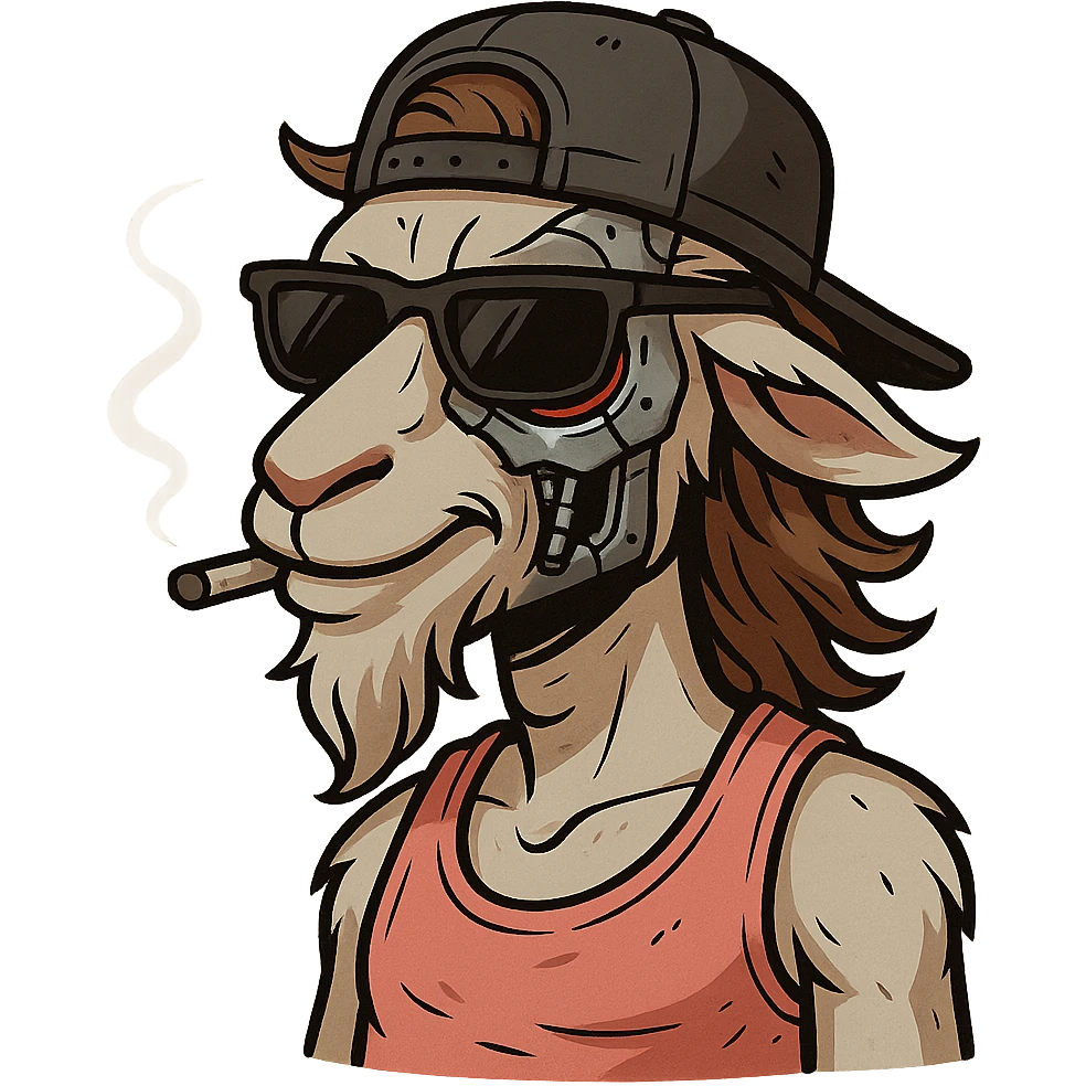 goat-terminator for Telegram stickers inspired by reference https://attic.sh/feoducyurkpqwz0la088soao98sx: wearing a cap, glasses, mullet hairstyle, pink drunkard tank top.  emoji