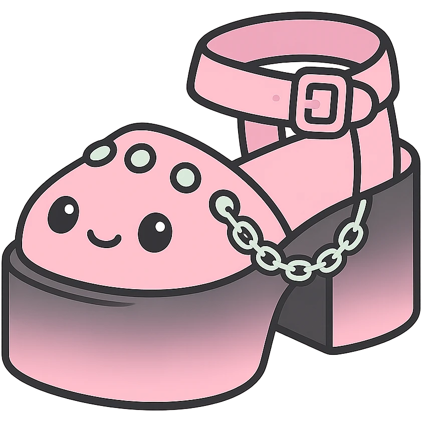 Add a gradient effect from black to pastel pink on the platform sandals with silver studs and chains, kawaii style, no socks, no hearts, transparent background emoji
