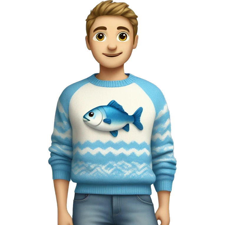 Cute sweater that has a fish and sun on it and it is blue and white emoji