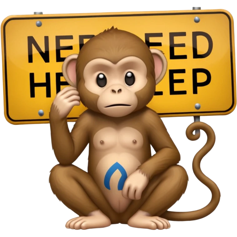 Sad Monkey sitting beside a 'neeed ħelp 🥺' sign, emoji