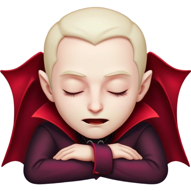 Meme-Worthy Cute Sleeping Vampire Portrait Emoji, with a refined, small, pale face softened by closed, serene eyes and a slight, peaceful smile, adorned in miniature elegant dark attire with a hint of fading crimson, simplified yet irresistibly adorable, highly detailed with a soft ethereal outline that captures the drowsy charm of a vampire in quiet nighttime slumber! emoji