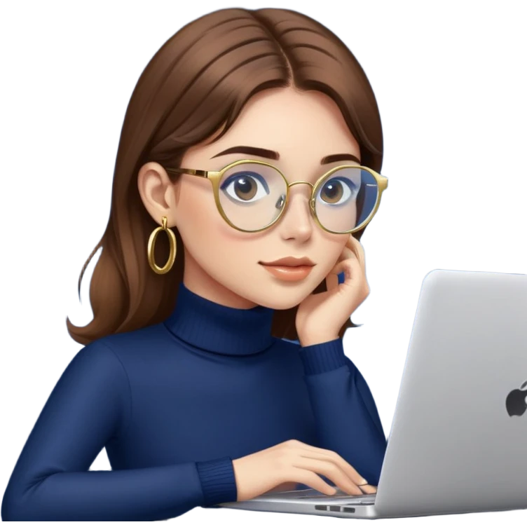 Girl with brown hair, navy blue turtleneck, gold hoop earrings, blue light glasses, working on laptop emoji