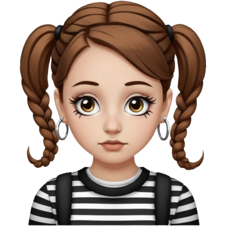 a white girl with brown hair in very low pigtails black eyeliner big false eyelashes with a septum piercing nose piercing big hoop earings dermals close to the eyes one on each side wearing a black and white striped long sleeve shirt emoji