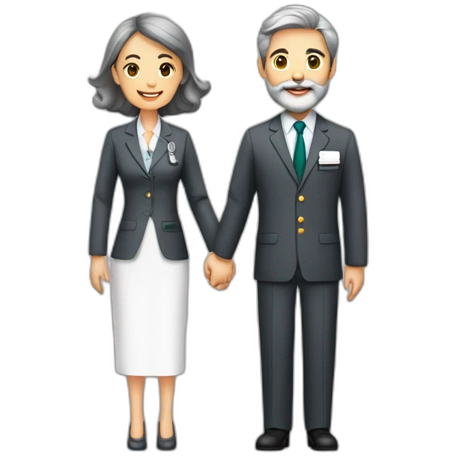 husband classy caucasian 55 dark gray hair trimmed beard executive suit holding bible, with wife asian age 55 dark hair nurse uniform, no children emoji