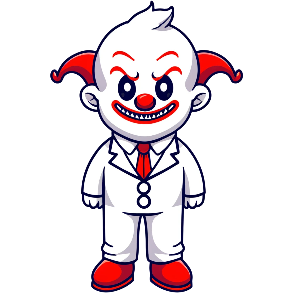 full-body demonic clown in a white leisure suit with bellbottom pants, bald, with black ram horns, wearing elevator shoes, cartoon sticker style emoji