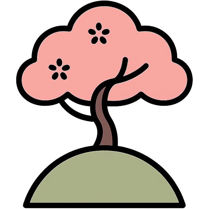 minimalist Japanese landscape icon, stylized cherry blossom tree on a hill, muted tones, minimal detail emoji