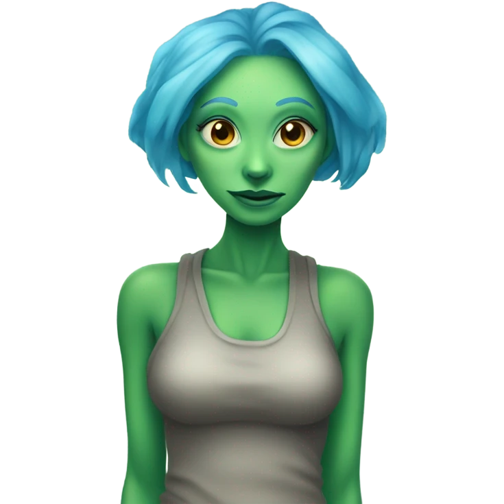 a green alien woman full body,blue hair emoji