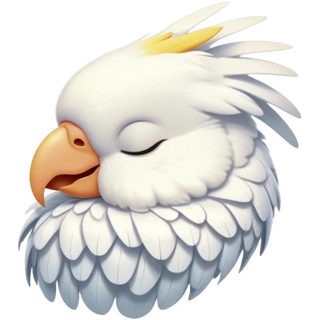 Meme-Worthy Cute Sleeping Cockatoo Portrait Emoji, Head resting peacefully with a contented smile, showcasing a softly feathered body with a gently drooping crest and eyes closed in serene slumber, Simplified yet adorably endearing features, highly detailed, glowing with a soft, drowsy tropical light, high shine, relaxed and utterly lovable, stylized with an air of playful laziness, soft glowing outline, capturing the essence of a sleeping cockatoo that feels destined to become the next viral icon of adorable rest! emoji