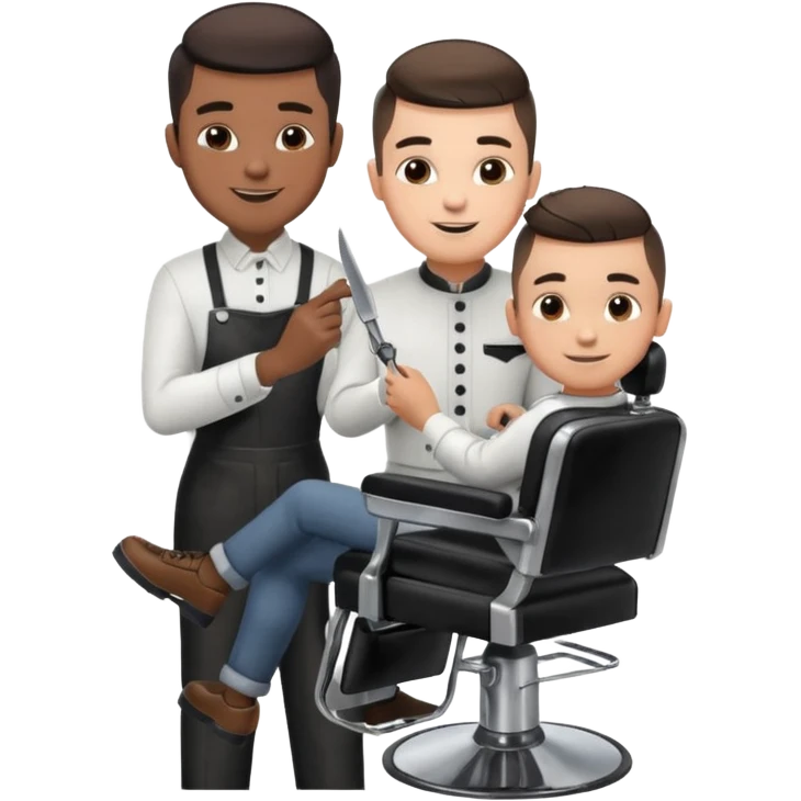 Barber cutting boys hair. Show the boy sat in black barber chair and both having smiles on their faces emoji