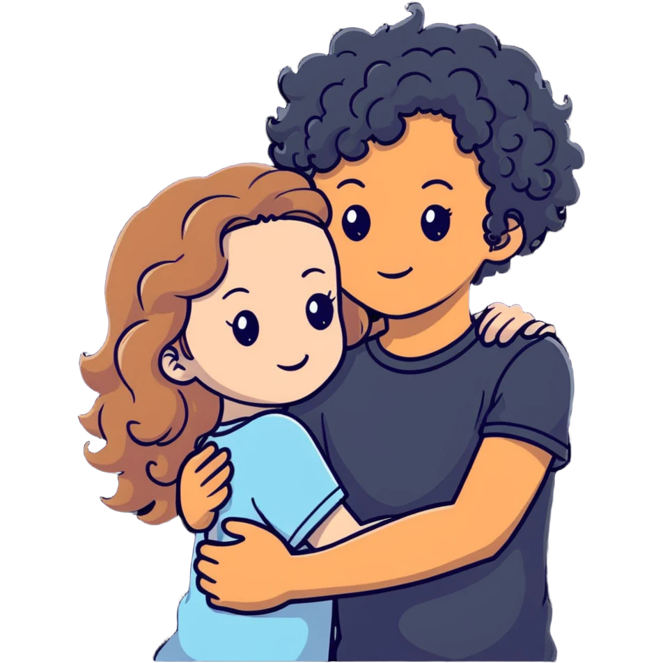 girl with long light brown hair and pale skin hugging a boy with black curly hair and tanned skin emoji
