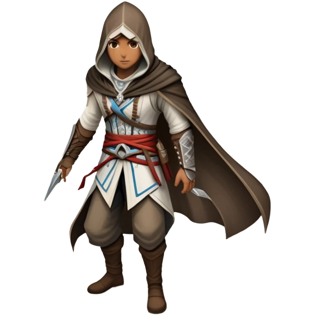 An icon representing an adventure game, inspired by Assassin's Creed. The design features a heroic character in hooded attire, scaling a tall building in a historical cityscape. The background shows ancient architecture and hidden symbols, symbolizing exploration and stealth. Transparent background  emoji