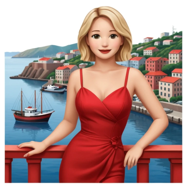 jennifer lawrence, red dress leaning on a balcony with a harbor and cityscape in the background, smiling emoji
