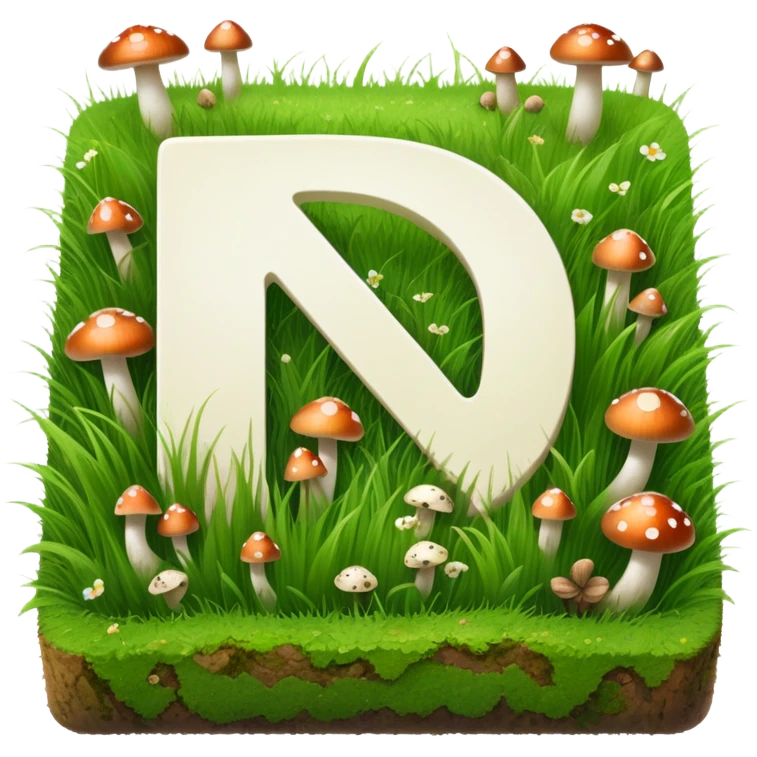 Notion logo as a square block covered in grass with small mushrooms growing on it, letter N visible emoji