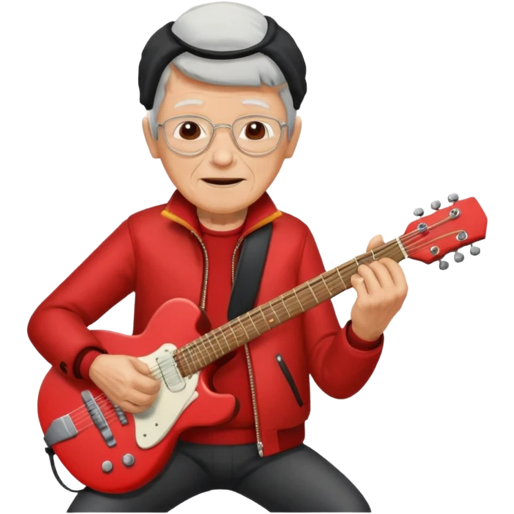 guitar rock player, elderly head, red jacket emoji