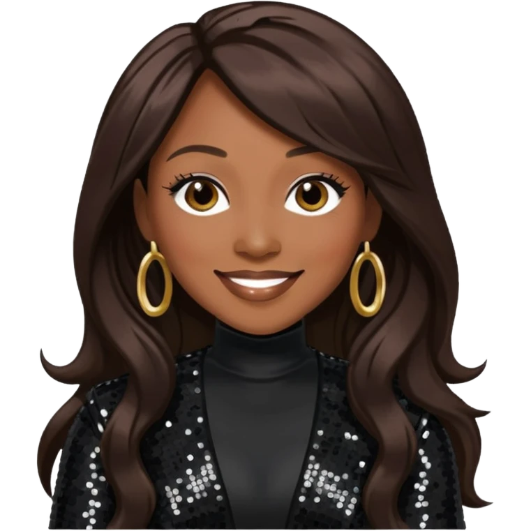 Coko from SWV with long dark brown hair, black sequin outfit emoji