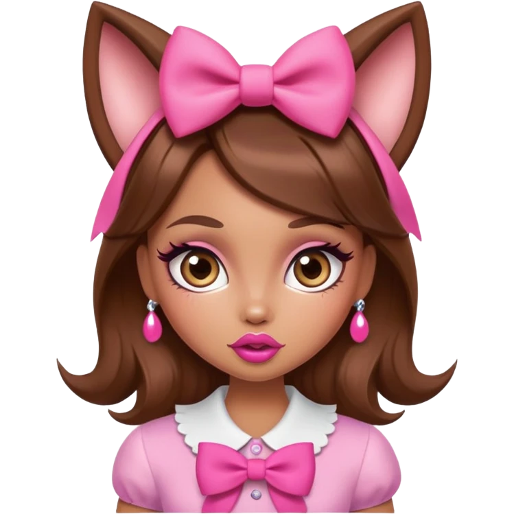 Bratz-inspired character with brown hair, pink bow, exaggerated big lips, and foxy eyes emoji