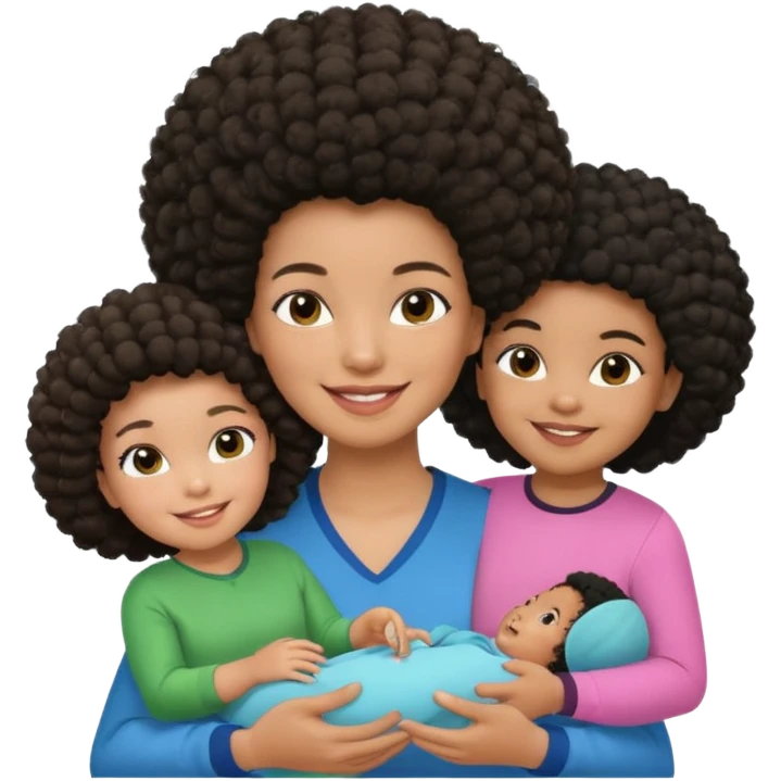 Polaroid photo with a Black woman with an afro hairstyle and a green blouse, two children: a boy with straight hair and a blue shirt, and a baby girl in a pink shirt. All are smiling. emoji