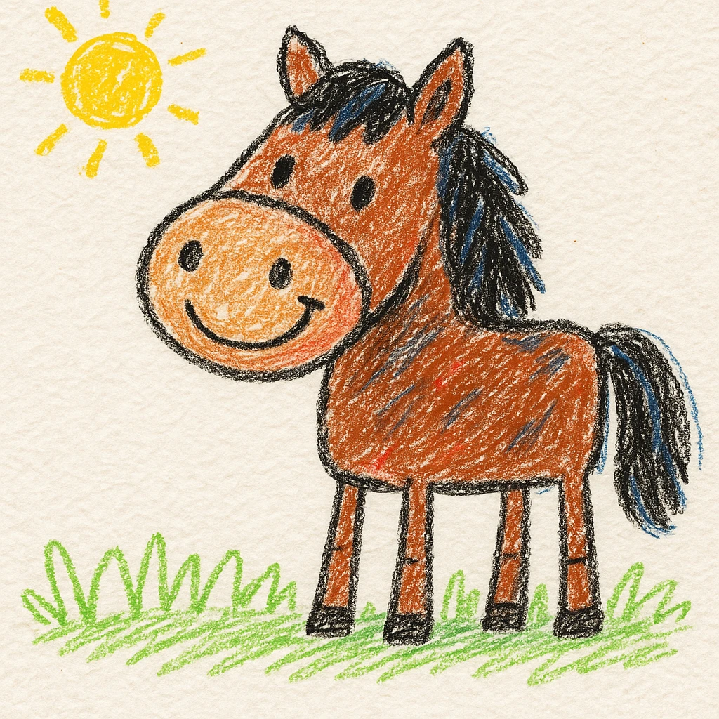 cute cartoon draft horse, children doodle style, hand drawn and playful emoji